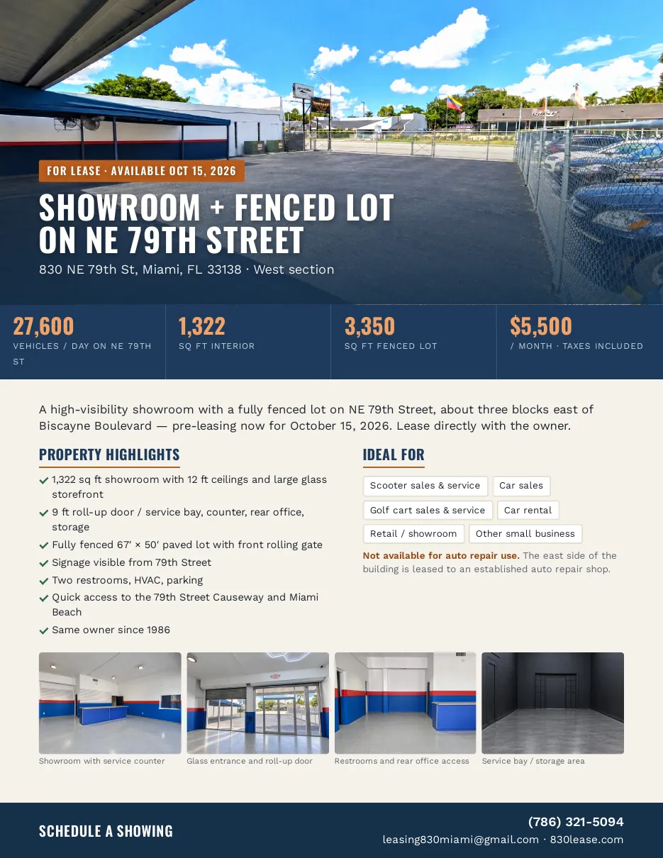 Page 1 of the 830 NE 79th St brochure: showroom plus fenced lot on NE 79th Street, 27,600 vehicles per day, 1,322 sq ft interior, 3,350 sq ft fenced lot, $5,500 per month.
