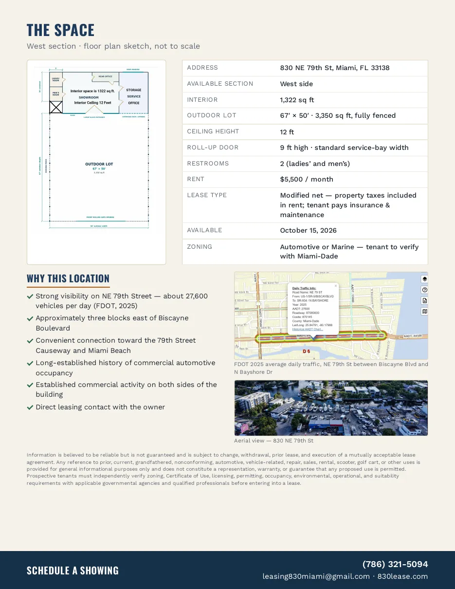 Page 2 of the 830 NE 79th St brochure: floor plan sketch of the West section and property specifications.