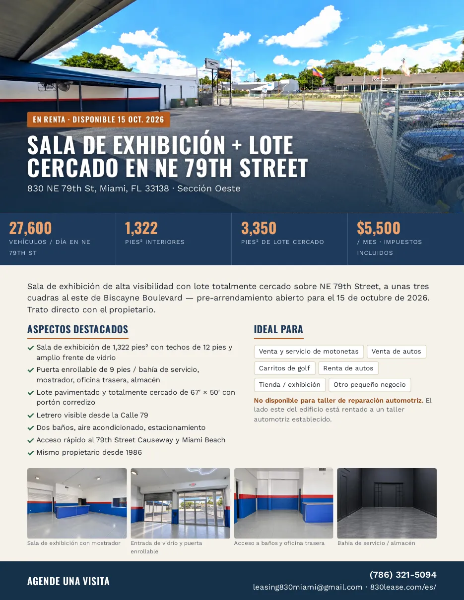 Página 1 del folleto de 830 NE 79th St: sala de exhibición y lote cercado sobre la NE 79th Street, 27,600 vehículos por día, 1,322 pies² interiores, lote de 3,350 pies², $5,500 al mes.