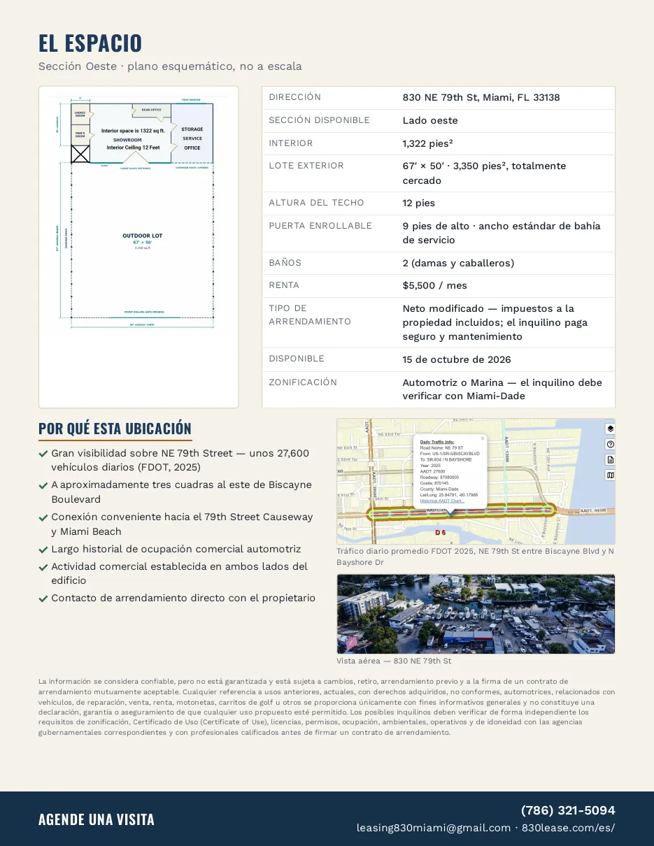 Página 2 del folleto de 830 NE 79th St: plano de la Sección Oeste y especificaciones.