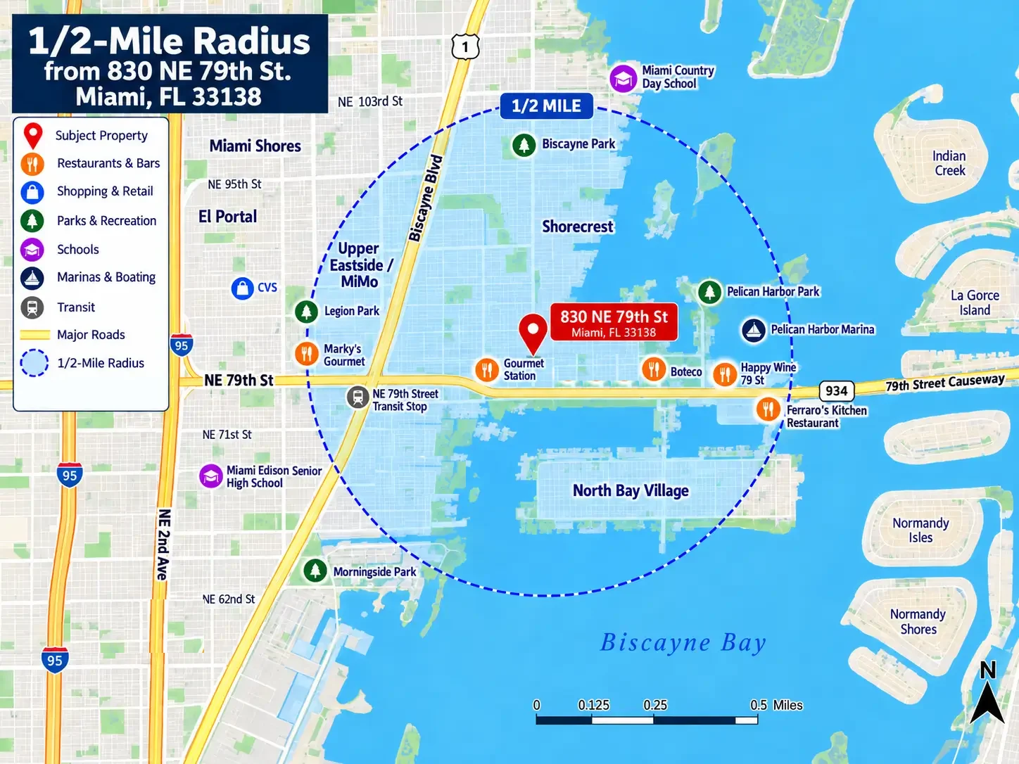 Map of the half-mile radius around 830 NE 79th St, Miami, FL 33138, showing Shorecrest, Upper Eastside / MiMo, North Bay Village, Biscayne Boulevard, the 79th Street Causeway, Pelican Harbor Park and Marina, and nearby restaurants, shops, parks and schools.